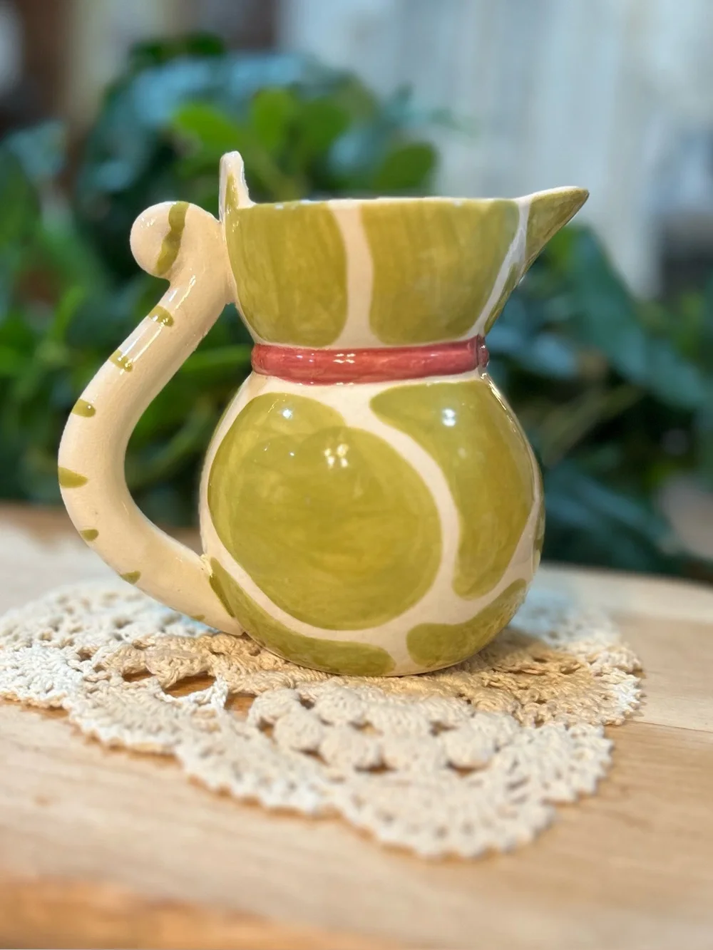 Vintage Mid Century Italian Pottery Cat Milk Pitcher Green Spotted Bow Tie Italy